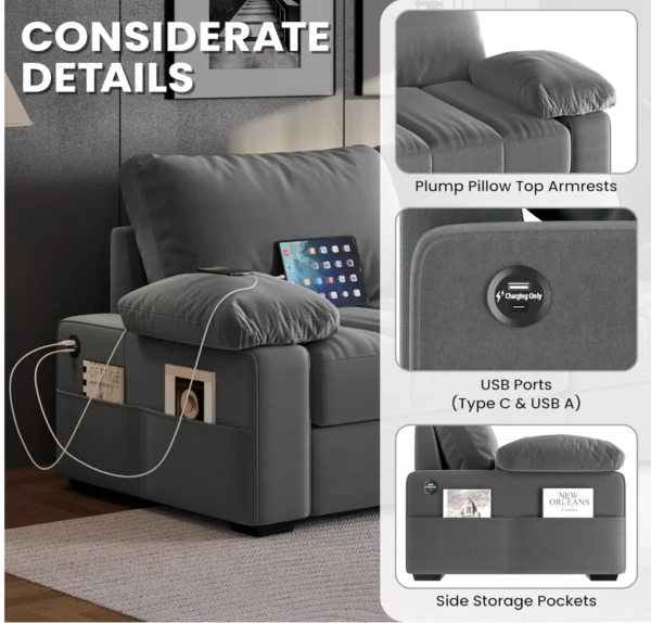 79" Sofa Couch Modern Velvet Couch with Removable Covers & USB Ports Oversized Loveseat Sofas with Storage Pockets for Living Ro - Image 5