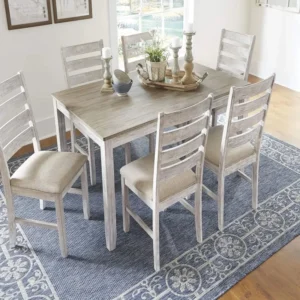 Whitewash Dining Table Set with 6 Upholstered Chairs, Durable Design, Vintage Appeal
