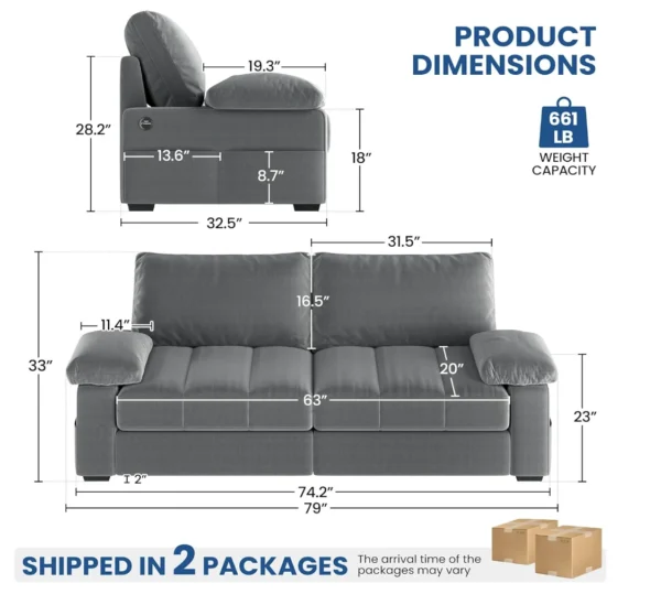 79" Sofa Couch Modern Velvet Couch with Removable Covers & USB Ports Oversized Loveseat Sofas with Storage Pockets for Living Ro - Image 2