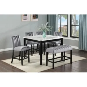 6-Piece Counter Height Dining Set with Square Faux Marble Table, Black Finish, Upholstered Chairs, and Bench