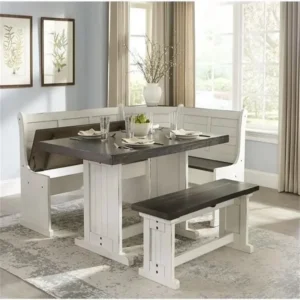 Wood Kitchen Corner Breakfast Dining Nook Set with Hidden Storage in Off White and Dark Brown