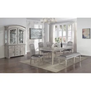 Luxury Glam Style 6pc Dining Set 18" Extendable Leaf Table Upholstered Chair Bench Sparkling Silver Champagne Dining Room