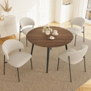 43.3 Inch Round Dining Table Set for 4, Modern Kitchen Coffee Set for Dining Room or Apartment (Walnut Table + 4 White Chairs)