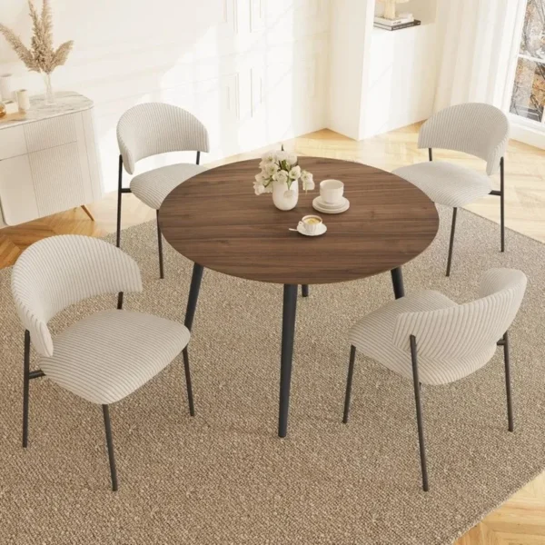 43.3 Inch Round Dining Table Set for 4, Modern Kitchen Coffee Set for Dining Room or Apartment (Walnut Table + 4 White Chairs)