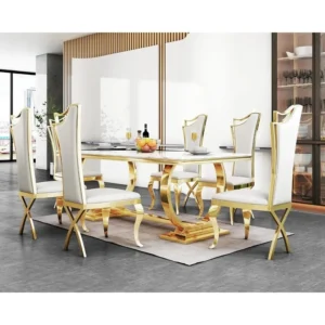 70 Inch Modern Artificial Marble Dining Table with 6 White Leather Chairs Set