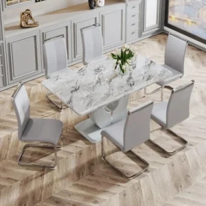 6-Person Modern Dining Set with Faux Marble Table and PU Leather Chairs