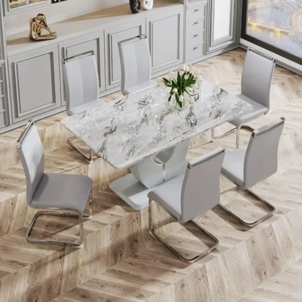 6-Person Modern Dining Set with Faux Marble Table and PU Leather Chairs