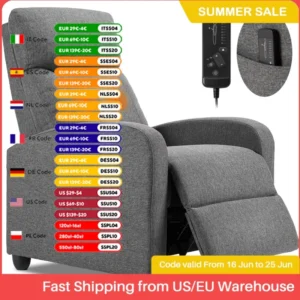 JHK Recliner Chair Massage Sofa Fabric Theater Lumbar Support Adjustable Modern Padded Seat Backrest Living Room Home Grey