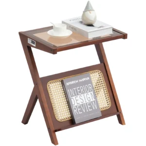 VEVOR Rattan Coffee Table 20/47 inch Z-Shaped Rattan Woven Bamboo Coffee Table with Tempered Glass Top for Living Room Bedroom