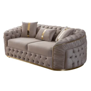 Luxury Chesterfield Sectional Sofa Set with Cloth Buttons and Fabric Modular Couch with Gold Stainless Steel Base, 3-seater Sofa